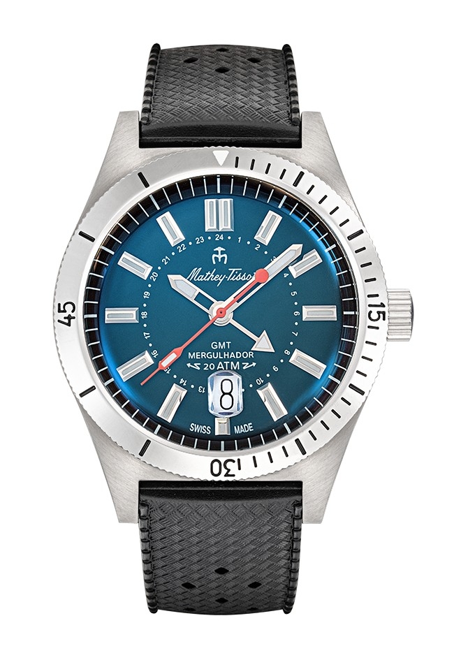ماثي تيسو-Mergulhador GMT MRGABU-Mergulhador GMT-Men-حزام-ستينلس ستيل-جلد-أزرق-20 ATM-كوارتس-دائري-سويسرا